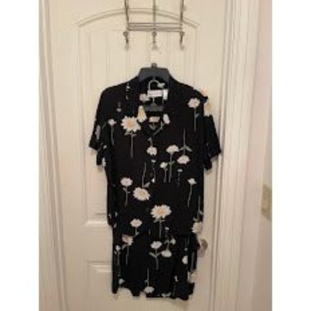 Alfred Dunner Daisy Print Black Rayon S/S Blouse & Maxi Skirt Set Women's Sz 12